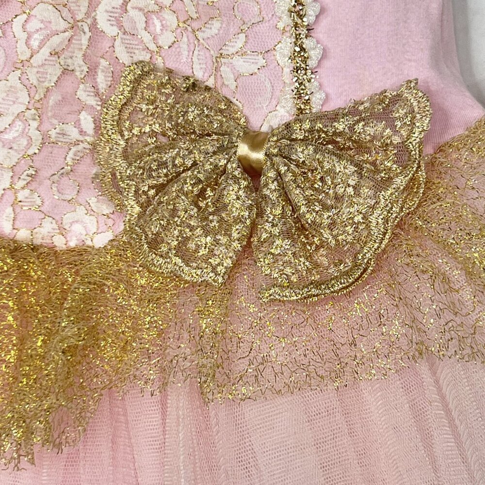Petal Pink Princess Leo Gold Floral Lace Tule Dance Tutu, Flutter Sleeves‎ Sz XL - Picture 3 of 6